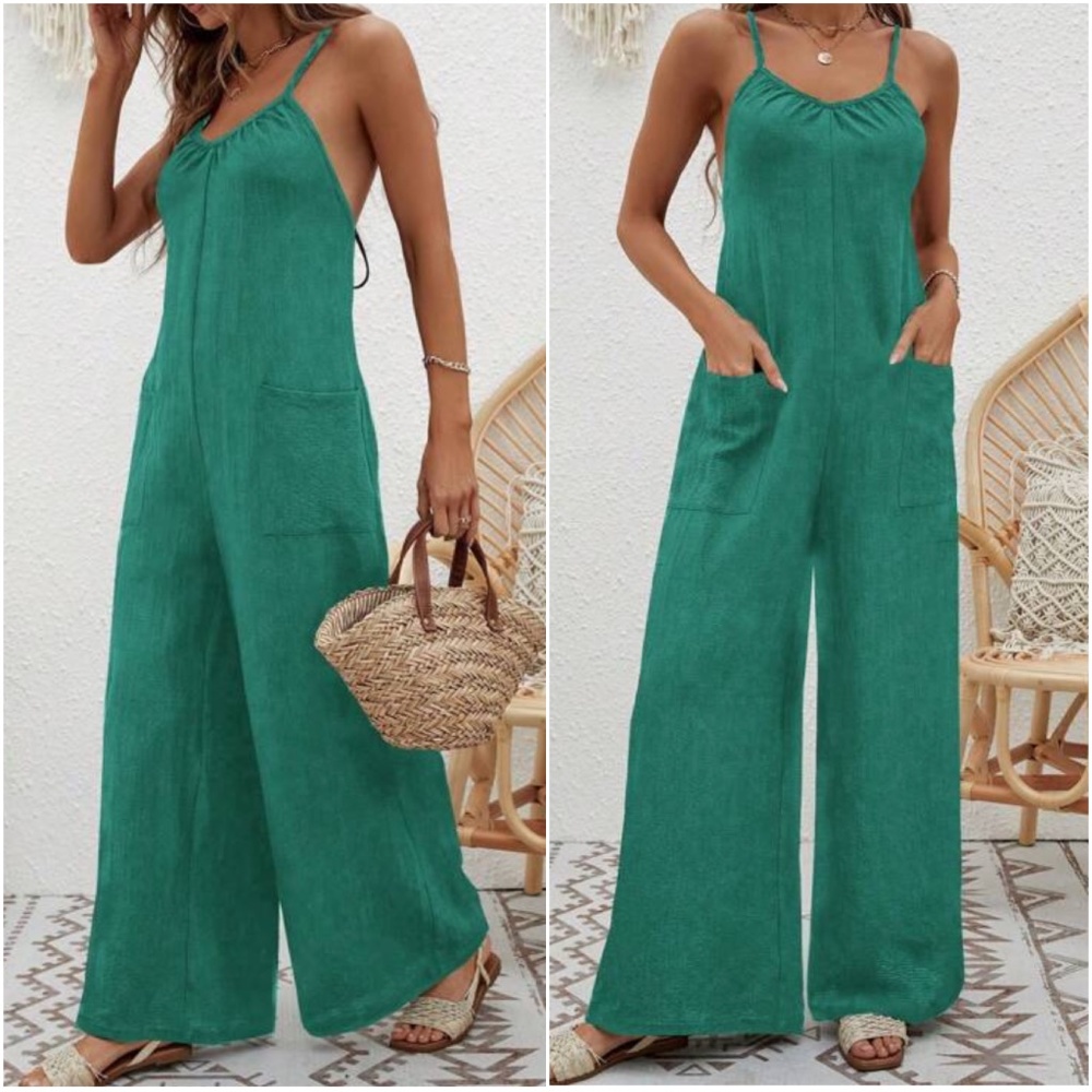 Solid Criss cross Tie Pockets Wide leg Jumpsuit - Picture 3 of 4